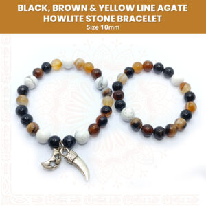 Handmade Black, Brown & Yellow Line Agate Howlite Stone Bracelet Pair