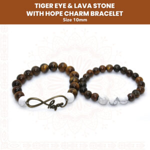 Handmade Tiger Eye & Lava Stone With hope Charm Bracelet Pair