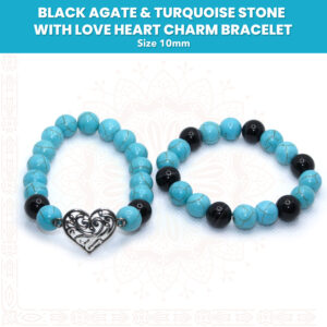 Handmade Black Agate & Turquoise Stone With Love Heart Charm Bracelet Pair