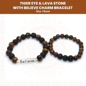 Handmade Tiger Eye & Lava Stone With Believe Charm Bracelet Pair
